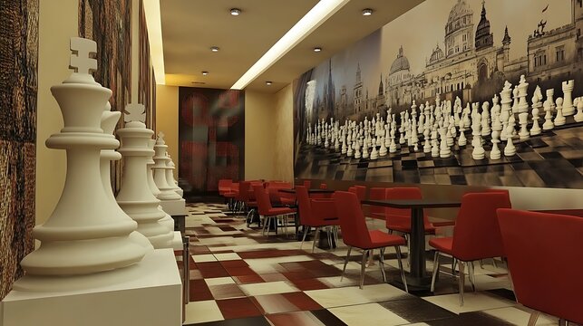 Chess Themed Cafe Interior Design with Red Chairs and Checkerboard Floor.