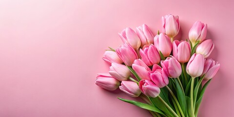 Fototapeta premium A bouquet of pink tulips arranged on a soft pink background, creating a delicate and feminine aesthetic.