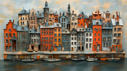 Naklejka premium Waterfront Town Illustration with Boats and Cloudy Sky