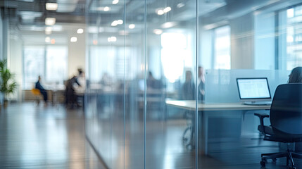Modern office, long floor to ceiling windows, busy company staff