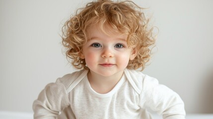 Naklejka premium Innocent Bliss Close-up Portrait of Smiling Child with Curly Blonde Hair in Serene White Setting - Heartwarming Moments of Childhood Joy