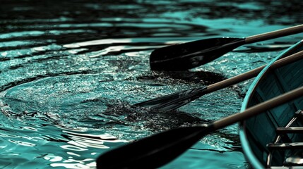 Close-up of two oars in a rowing boat creating ripples in the water.