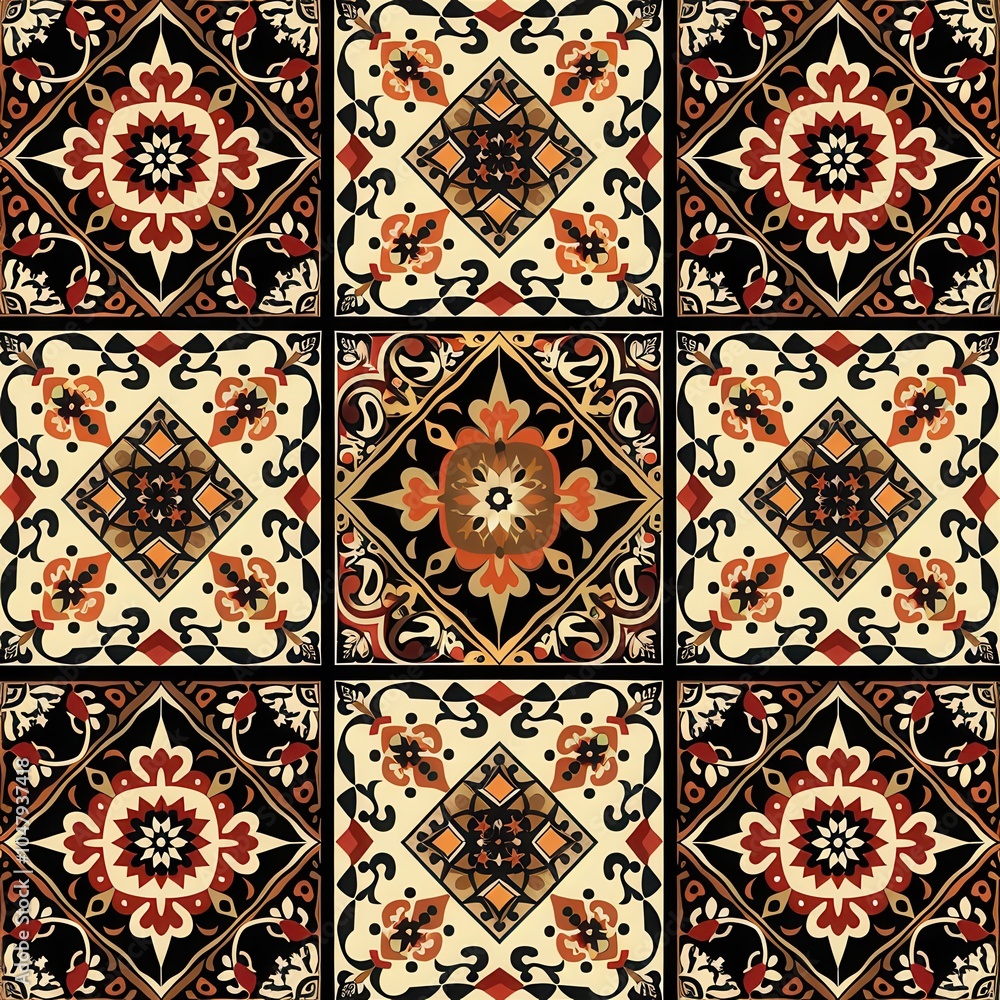 Poster decorative tile pattern showcases a harmonious blend of floral motifs and geometric shapes, highligh