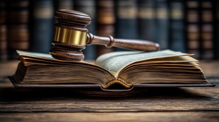 Gavel Resting on an Open Law Book with Scales of Justice in the Background, Symbolizing Legal Authority, Law, and Justice