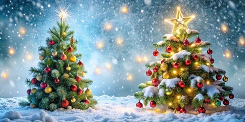 Obraz premium A Festive Winter Scene with Two Decorated Christmas Trees Standing in a Snowy Landscape, Decorated with Ornaments and Fairy Lights, Under a Night Sky Filled with Falling Snow.