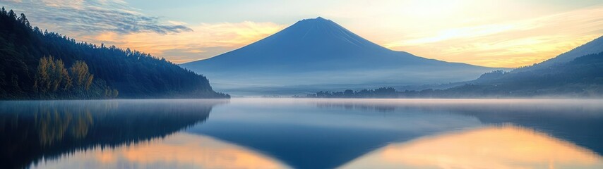 Fototapeta premium Volcanic Mountain at Sunrise Reflected in Lake