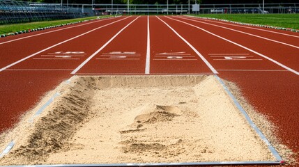 Empty long jump pit on an athletic track.