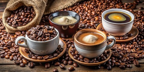 Three cups of coffee with coffee beans scattered around them, ready for a morning pick-me-up