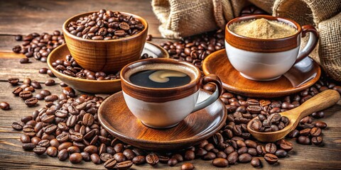 Fototapeta premium A steaming cup of coffee sits on a wooden saucer surrounded by roasted coffee beans and a wooden spoon filled with more beans.