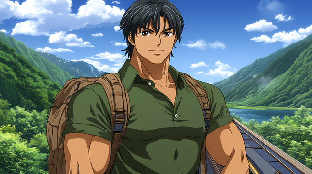 Muscular Fitness Anime Guy: Strong Male Character Illustration