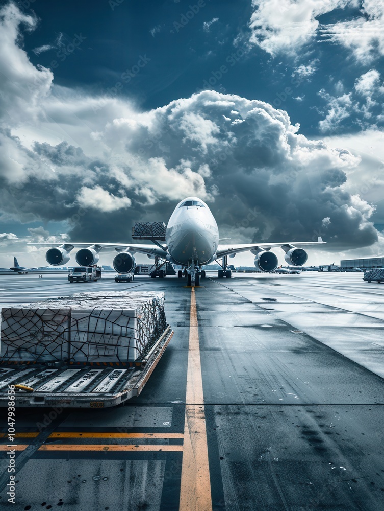 Poster A large cargo airplane is parked on the runway while loading and unloading equipment operates around it under overcast skies. Generative AI