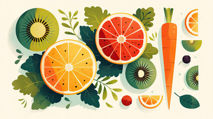 Illustrations of oranges, watermelons, kiwis, and various fruits