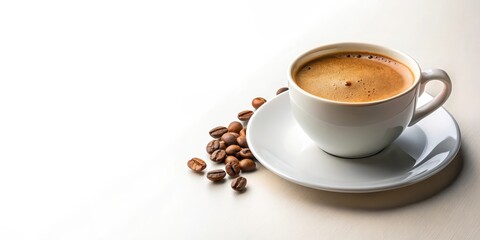 Obraz premium A steaming cup of coffee with a side of roasted coffee beans on a white surface