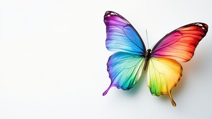 A beautiful rainbow butterfly with vibrant, gradient wings, displayed against a bright white background, showing the full spectrum of colors