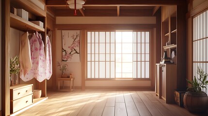 Traditional Japanese Home Interior with Wooden Floors and Sliding Doors.