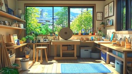 Sunny Art Studio with Wooden Workstations and a View of Lush Greenery.