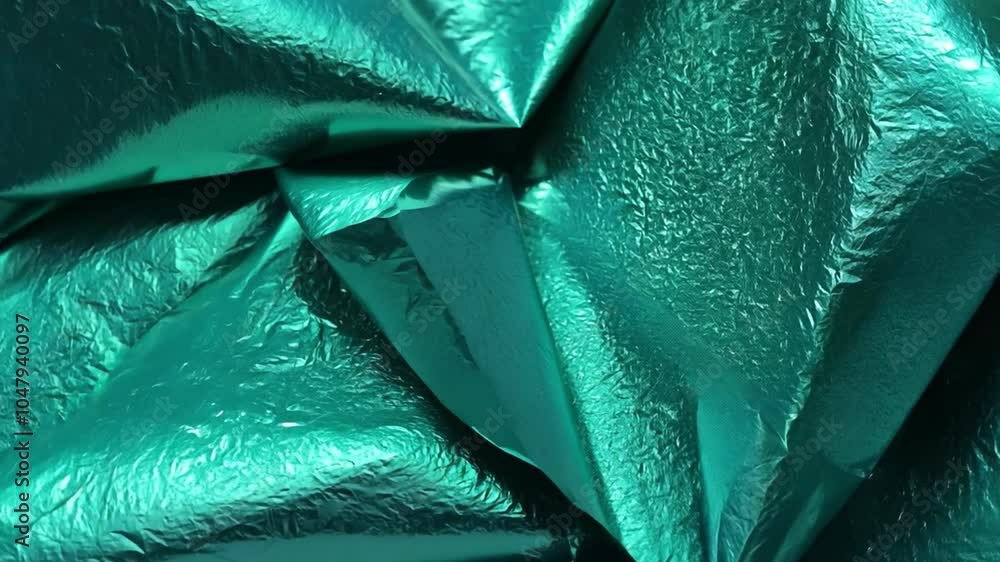 Poster The fabric displays a rich emerald green color with a metallic sheen, forming intricate folds that shift light and shadow dramatically, enhancing its visual texture.