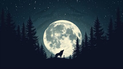 Silhouetted Wolf Howling at the Full Moon in a Starry Night Forest