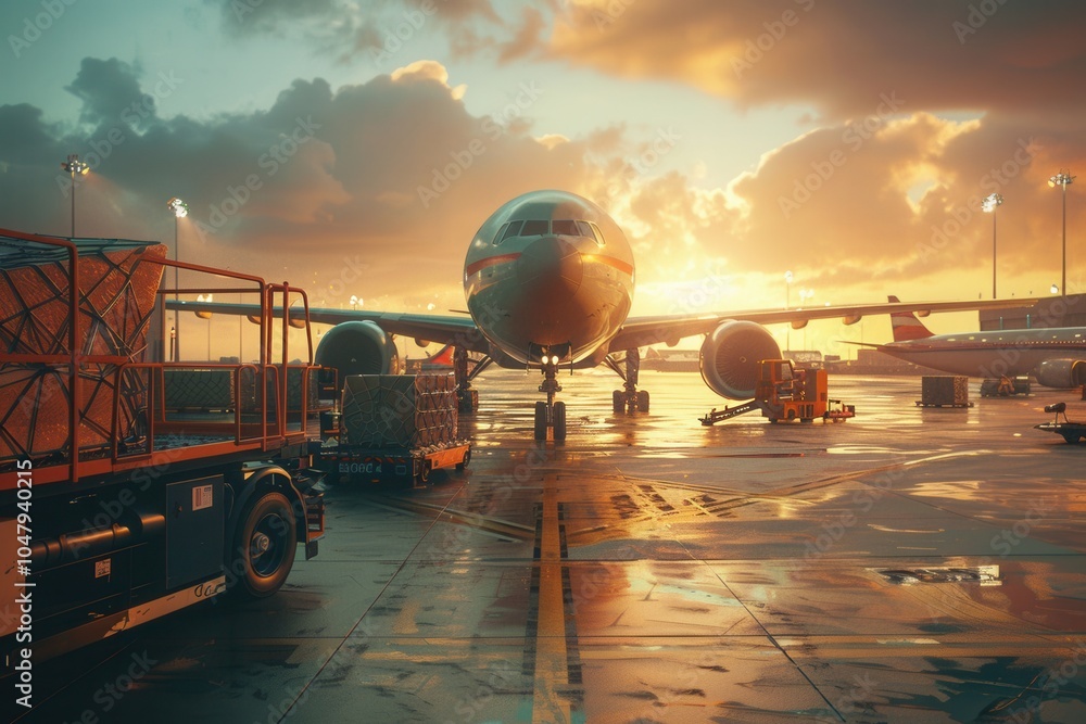 Fototapete A cargo airplane sits on the runway at sunset, surrounded by loading and unloading equipment preparing for the next flight. Generative AI