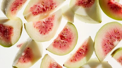 A close-up of guava slices being added to a fruit salad, capturing their bright color and juicy texture against a clean white backdrop