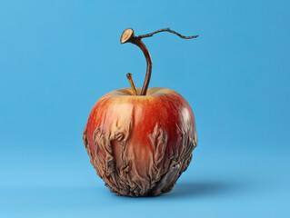 Obraz premium Old Dried Apple on Blue Background: Spoiled Fruit and Skin Aging Concept