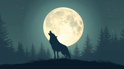 Silhouetted Wolf Howling at the Full Moon in a Forest