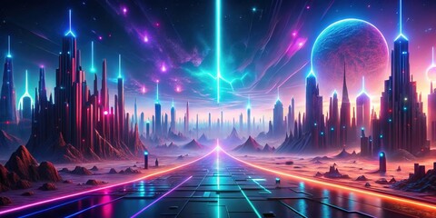 Obraz premium A Futuristic Cityscape With Glowing Neon Lights And A Large Celestial Body In The Sky