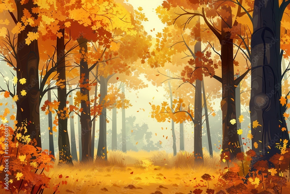 Poster golden leaves blanket the forest floor while trees stand tall, creating a tranquil atmosphere perfec