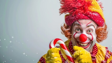 A festive clown with a red and white candy cane