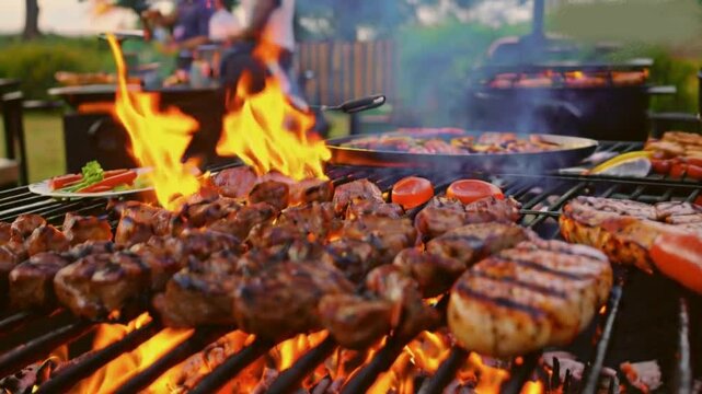 A vibrant outdoor braai scene in South Africa, featuring a grill loaded with a variety of meats including sausages, steaks, and chicken, all sizzling over open flames High quality HD 4K Video Clip

