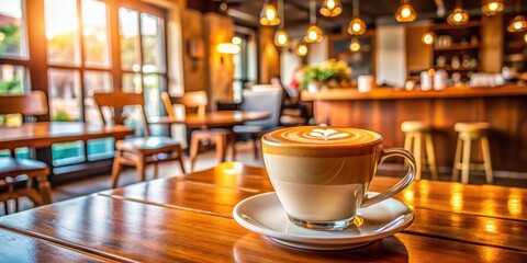 Fototapeta premium A cup of coffee with latte art sits on a wooden table in a cafe, the warm lighting and blurred background creating a cozy atmosphere.