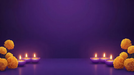Diwali banner, purple background illustration with gradient and marigold flowers around, copy space in the center, diyas glowing softly in each corner of the banner, Ai generated images