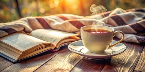 A cup of steaming tea and an open book rest on a warm wooden table, illuminated by soft sunlight streaming through a window, creating a cozy and inviting ambiance.