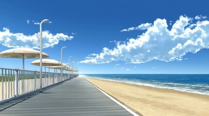 Obraz premium Beach boardwalk with blue sky and white clouds.