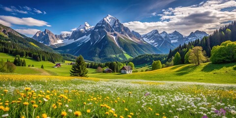 Fototapeta premium A vibrant meadow with a charming cottage nestled amidst blooming wildflowers, showcasing majestic snow-capped mountain peaks under a sky filled with fluffy clouds.