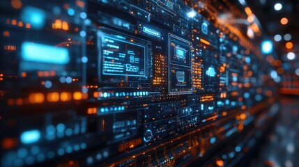 Abstract digital interface with glowing data panels and circuitry.