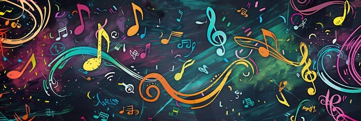 A chalkboard displays a lively composition of colorful brushstrokes intertwined with musical notes, celebrating art and music together. Generative AI