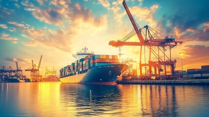 Fototapeta premium Cargo Ship at Sunset in Port.