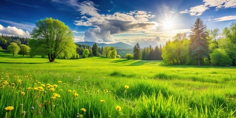 Obraz premium A lush green meadow bathed in the golden glow of the sun, with vibrant yellow wildflowers dotting the landscape, amidst a backdrop of towering trees and rolling hills.