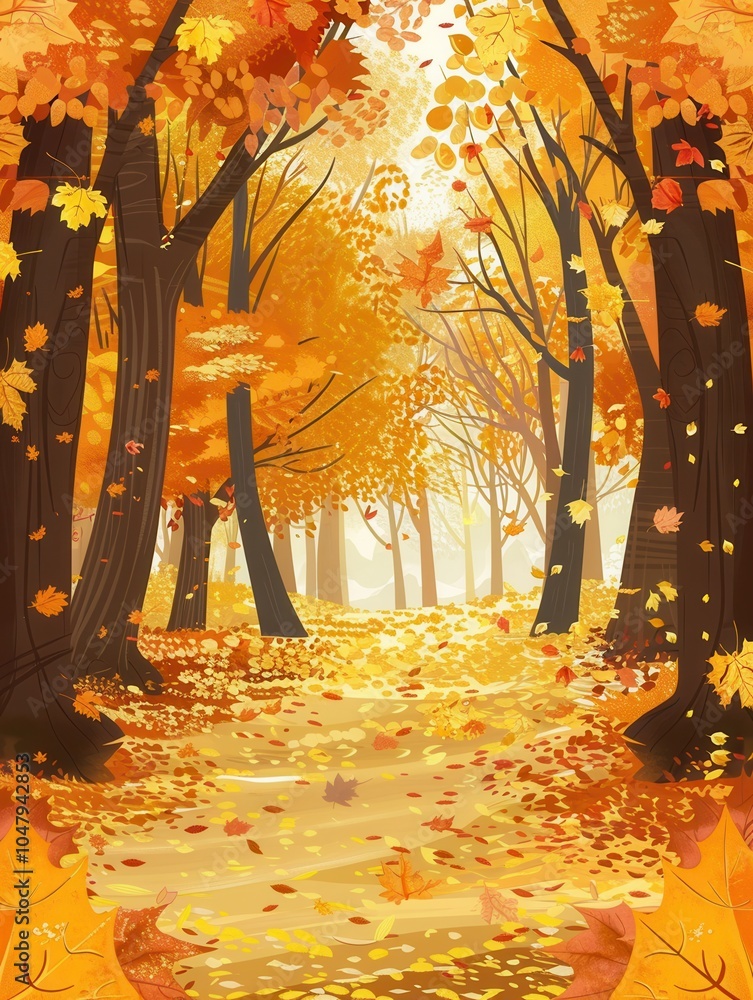 Poster vibrant autumn leaves cover the forest floor while trees in rich colors create a stunning canopy abo