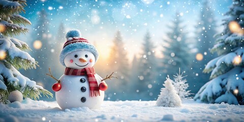 Obraz premium A cheerful snowman with a red and blue hat and scarf stands amidst a snowy forest, with glistening frost covering the trees and a soft snowfall creating a magical winter scene.