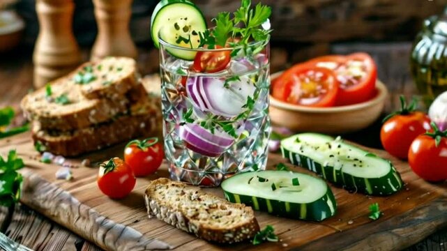 A traditional Russian snack setup featuring a glass of vodka with ice, sliced cucumber, rye bread garlic onions and fresh tomatoes, all presented on a rustic wooden board High quality HD 4K Video CliP