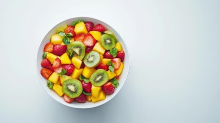 A colorful fruit salad featuring mango, kiwi, and strawberries, artistically arranged in a bowl against a bright white background for a refreshing display