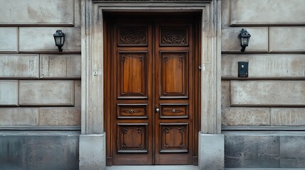 A classic wooden door with ornate details and wall sconces, inviting entry.