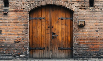 A rustic wooden door with iron accents set in a brick wall, serving as an entrance.