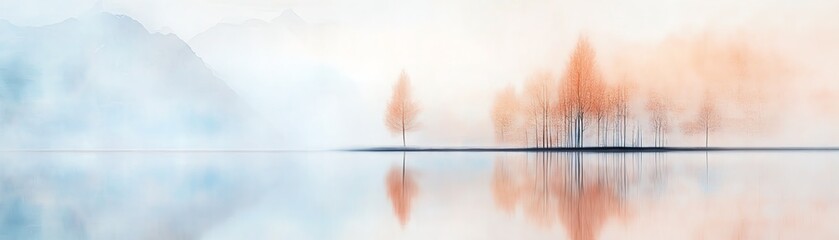 Serene landscape with misty reflections of trees on calm water, creating a tranquil ambience in soft pastel hues.