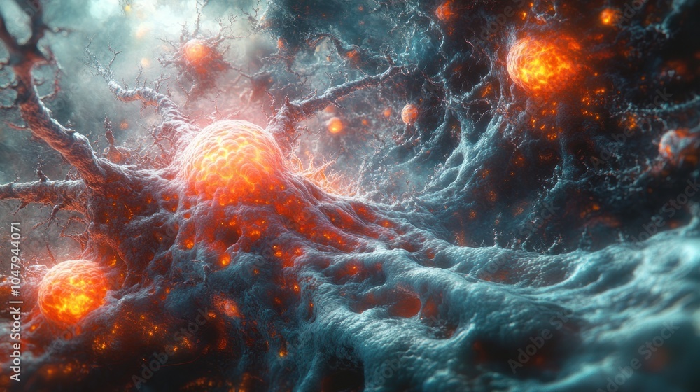 Poster abstract representation of interconnected neurons and synapses.