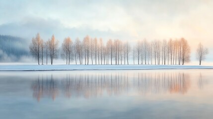 Serene winter landscape with bare trees reflecting on a calm lake at sunrise, creating a tranquil and peaceful atmosphere.