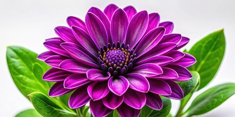 Obraz premium A vibrant purple flower with delicate petals and a center of golden pollen blooms against a crisp white background, showcasing the beauty of nature's artistry.