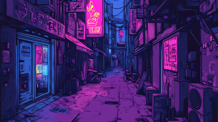 A cyberpunk city alley with neon omega signs and street vendors selling generated by ai. Neon City Alley. Illustration